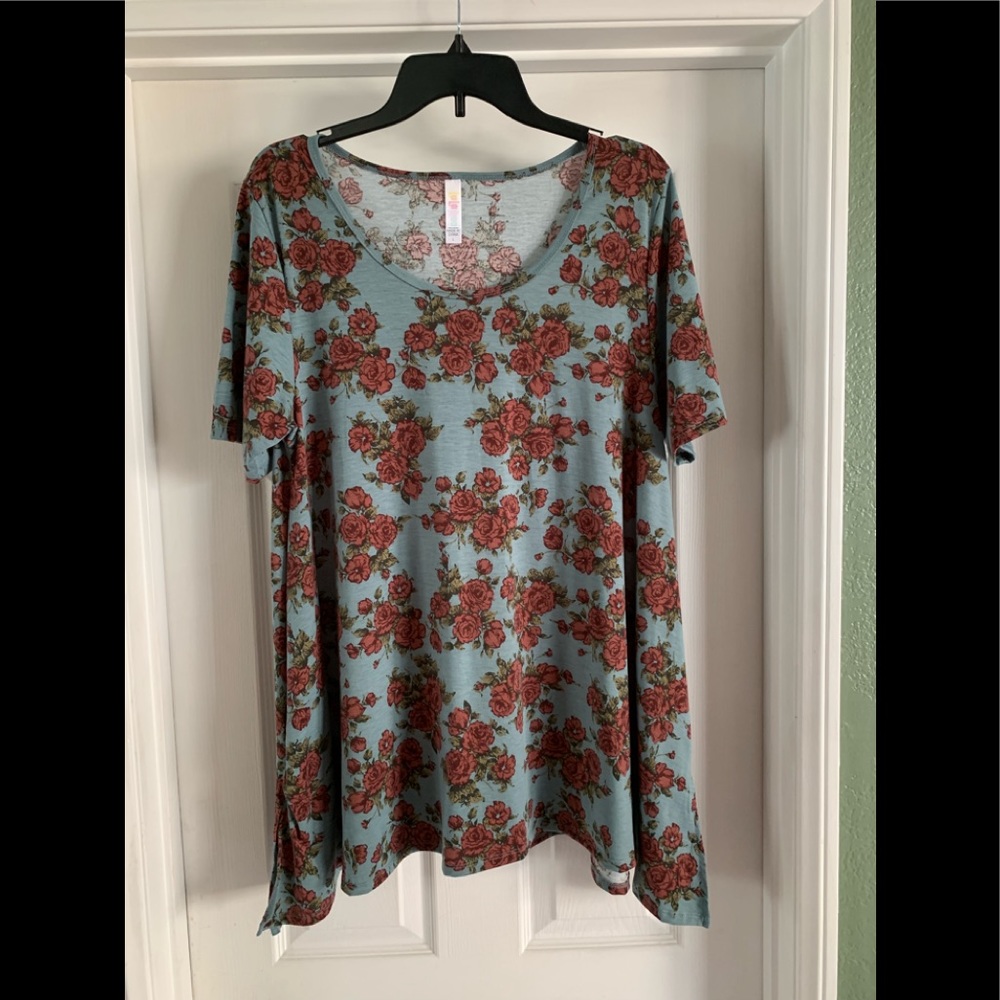 LulaRoe Perfect floral dusty blue rose pattern